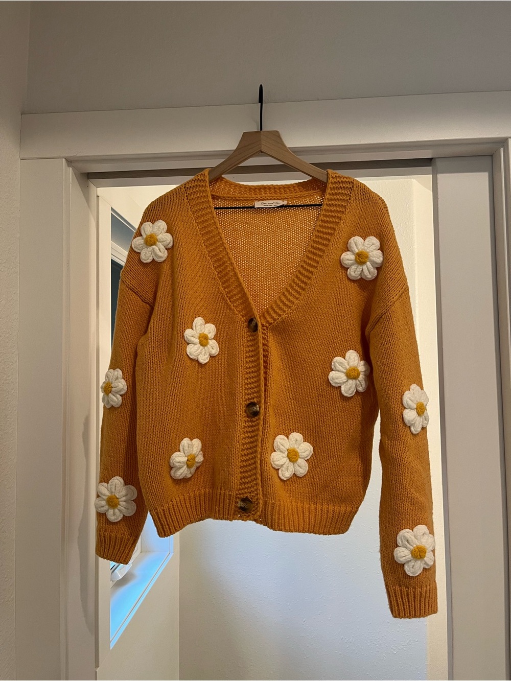 Doe & Rae Mustard Yellow Daisy Appliqué Cardigan